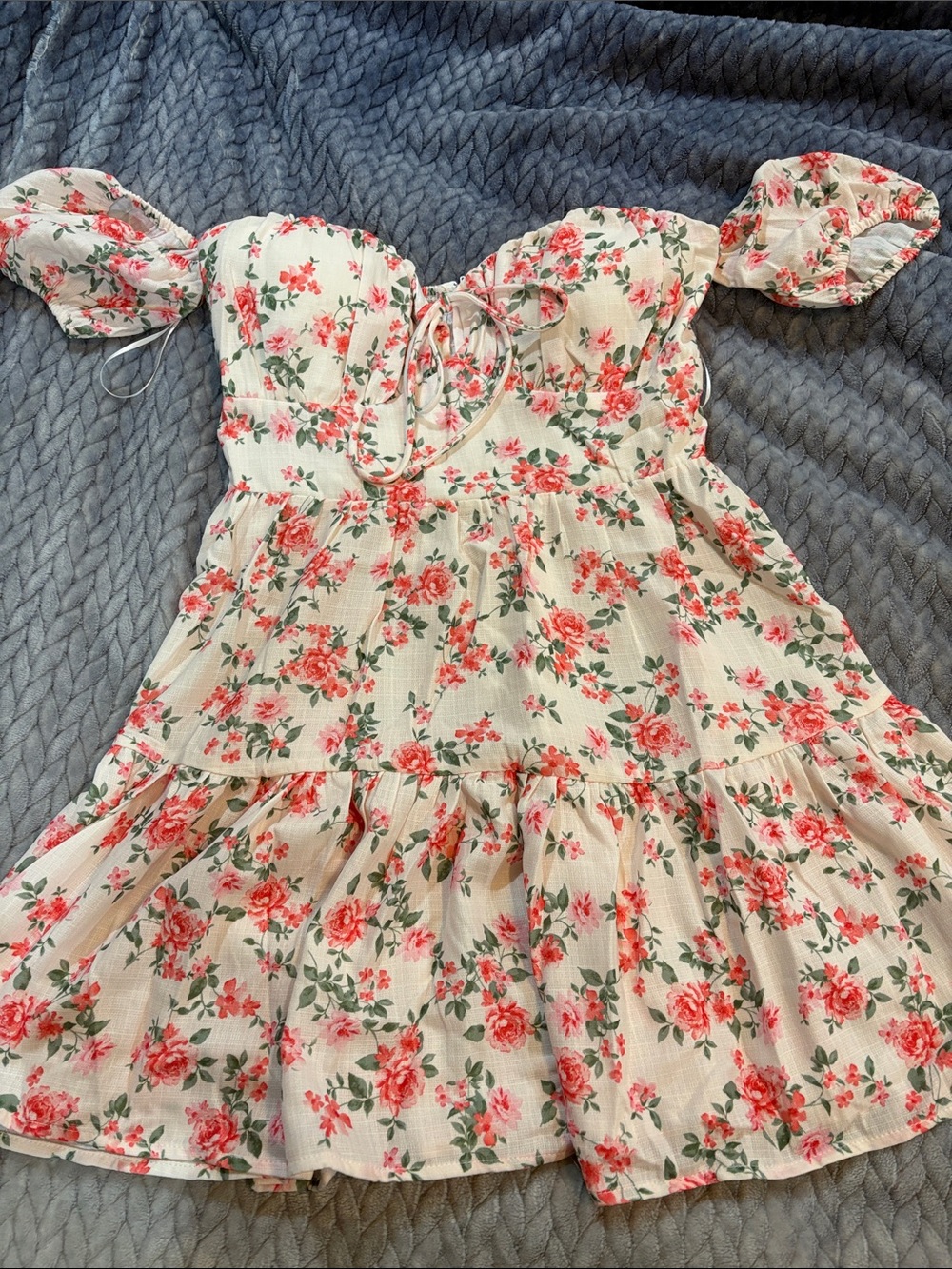 Windsor White Floral Tie-Front Off-Shoulder Dress with Pink Roses